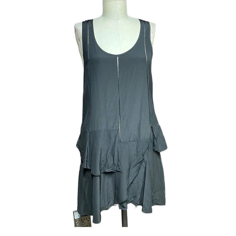 Thakoon‎ Addition Black Sleeveless Tiered Ruffle Tunic Dress Top Size M